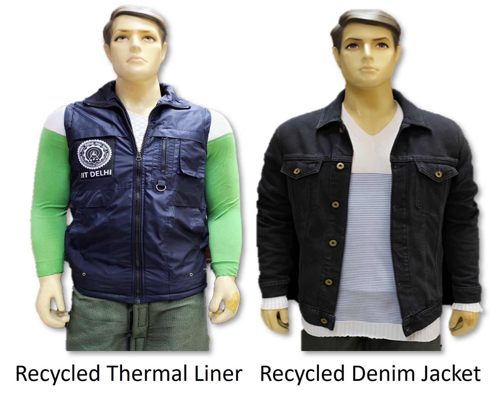 Recycled thermal liner and recycled denim jacket, made from post-consumer PET, on mannequins